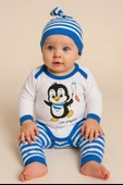 Unisex Penguen Desenli Mavi Çizgili 3'lü Body Bebek Takımı - 1