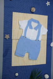 Unisex Askılı Görünümlü Kısa Kollu Bebek Tulum Turkuaz - 3
