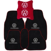 Volkswagen Nakış İşlemeli 5 Parça Araç Oto Halı Paspas Volkswagen Kırmızı Polar Oto Boyun Yastığı - 1