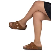 Kadın Hakiki Süet Deri 4,5cm Dolgu Topuklu Rahat Kalıp Günlük Yazlık Terlik thumbnail 3