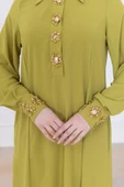 Yaka ve Manşet İşleme Detaylı Rahat Form Elbise 1014-Olive - 4