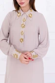 Yaka ve Manşet İşleme Detaylı Rahat Form Elbise 1014-Bej - 3