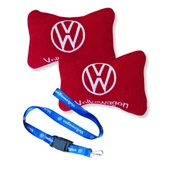 Volkswagen Uyumlu Kırmızı Polar Ortopedik Araç Koltuk Seyahat Boyun Yastık & Mavi Oto Ayna Askısı thumbnail 1