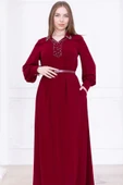 Yaka İşleme Detaylı Kemerli Rahat Form Elbise 1016-Bordo - 5
