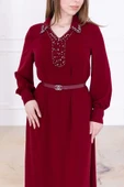 Yaka İşleme Detaylı Kemerli Rahat Form Elbise 1016-Bordo - 3