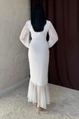 Beyaz Önü Büzgülü Şifon Elbise - 4