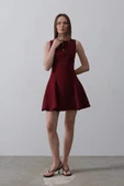 Fiyonk Detay Sıfır Kollu Mini Elbise - Bordo - 2