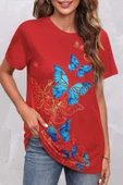 Kadın Kısa Kollu Mavi Sarı Kelebek Baskı Süprem Bluz - 6