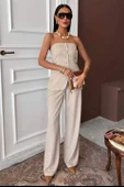 Straplez Büstiyerli Plazzo Pantolonlu Çizgili Takım 10151 - 6