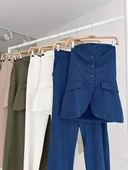 Straplez Büstiyerli Plazzo Pantolonlu Çizgili Takım 10151 - 9