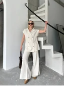 Keten Sıfır Kol Blezer Ceket Pantolon Ikili Takım- Beyaz - 4