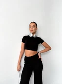 Osy Modal Yumuşak Dokulu Kumaş Kısa Kollu Crop Alt Ispanyol Paça Pantalon Ikili Takım - Siyah - 2
