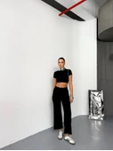 Osy Modal Yumuşak Dokulu Kumaş Kısa Kollu Crop Alt Ispanyol Paça Pantalon Ikili Takım - Siyah - 3