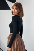 Kara Yaka Uzun Kollu Crop - Siyah - 3