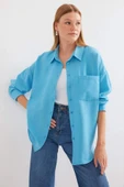 20153 Tek Cepli Oversize Keten Gömlek - Açık Mavi - 1