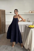Lacivert Askılı Müslin Elbise - 3