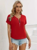 Kadın Kısa Kollu V Yaka Fermuarlı Salaş Sandy Bluz - 3