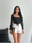 Sırt Dekolteli Bağacıklı Uzun Kollu Bluz - Siyah - 2