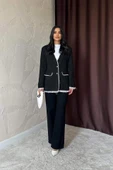 Siyah Çizgili Astarlı Garnili Süet Ceket - 1