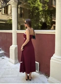 Askılı Uzun Şerit Detaylı Şık Ve Rahat Elbise - Bordo - 4