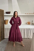 Bordo Çizgi Desenli Uzun Elbise - 4