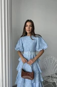 Bebe Mavi Kat Kat Balon Kollu Kemerli Elbise - 4