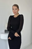 Siyah Kolları Örgülü Triko Elbise - 3
