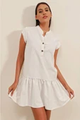2425 Keten Mini Elbise - Ekru - 1
