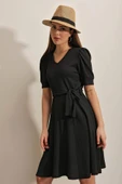 2370 Kuşaklı Örme Elbise - Siyah - 4