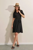2370 Kuşaklı Örme Elbise - Siyah - 3