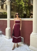 Askılı Uzun Şerit Detaylı Şık Ve Rahat Elbise - Bordo - 3