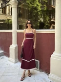 Askılı Uzun Şerit Detaylı Şık Ve Rahat Elbise - Bordo - 2