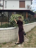 Kısa Kollu Uzun Yandan Yırtmaçlı Elbise - Kahverengi - 2