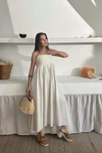Bej Askılı Pileli Keten Elbise - 1