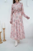Pembe Şanzelize Çiçek Desenli Elbise - 3