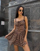 Kadın Dalgıç Kumaş önden Bağlamalı Leopar Desenli Elbise - 2