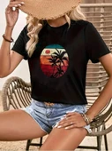 Kadın Kısa Kollu Palmiye Baskılı Viskon T-shirt - 1