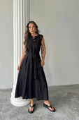 KETEN ELBİSE KOLSUZ BEL BAĞLAMALI MAXİ ELBİSE - Siyah - 4