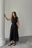 KETEN ELBİSE KOLSUZ BEL BAĞLAMALI MAXİ ELBİSE - Siyah - 1