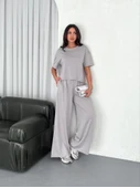 Osy Modal Yumuşak Dokulu Kumaş Bisiklet Yaka T-shirt  Bol Paça Pantalon Ikili Takım - Boyalı Gri - 1