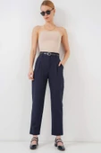 Pileli Kemerli Kumaş Pantolon 6725 - Lacivert - 1