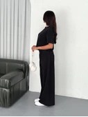 Osy Modal Yumuşak Dokulu Kumaş Bisiklet Yaka T-shirt Bol Paça Pantalon Ikili Takım -Siyah - 3