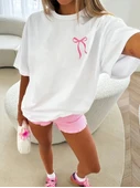 Fiyonk Baskılı Oversize Bisiklet Yaka T-shirt - Beyaz - 1