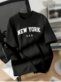 New York Baskılı Oversize Bisiklet Yaka T-shirt - Siyah - 1