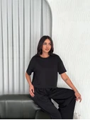 Osy Modal Yumuşak Dokulu Kumaş Bisiklet Yaka T-shirt Bol Paça Pantalon Ikili Takım -Siyah - 4