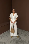 KETEN V YAKA BELDEN BAĞLAMALI BLUZ-PANTOLON TAKIM - Beyaz - 4