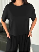 Osy Modal Yumuşak Dokulu Kumaş Bisiklet Yaka T-shirt Bol Paça Pantalon Ikili Takım -Siyah - 2