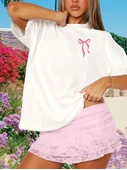 Fiyonk Baskılı Oversize Bisiklet Yaka T-shirt - Beyaz - 2