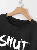 Baskılı Oversize Bisiklet Yaka T-shirt - Siyah - 2