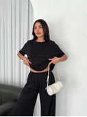 Osy Modal Yumuşak Dokulu Kumaş Bisiklet Yaka T-shirt Bol Paça Pantalon Ikili Takım -Siyah - 1